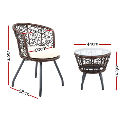 Gardeon 3PC Bistro Set Outdoor Furniture Rattan Table Chairs Patio Garden Cushion Brown ODF-BISTRO-ROUND-BR