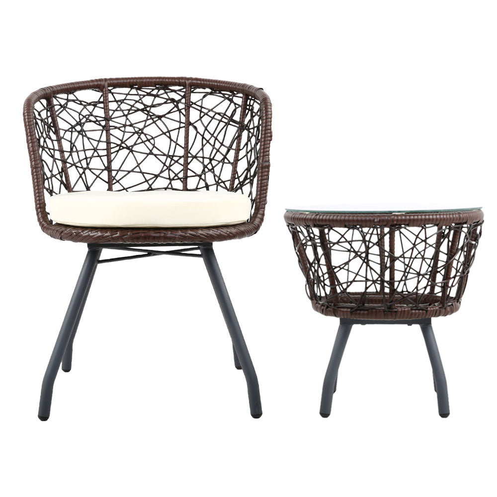 Gardeon 3PC Bistro Set Outdoor Furniture Rattan Table Chairs Patio Garden Cushion Brown ODF-BISTRO-ROUND-BR