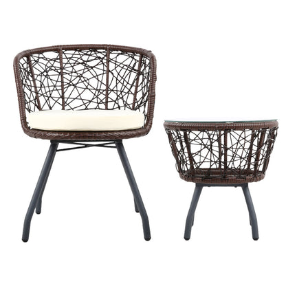 Gardeon 3PC Bistro Set Outdoor Furniture Rattan Table Chairs Patio Garden Cushion Brown ODF-BISTRO-ROUND-BR