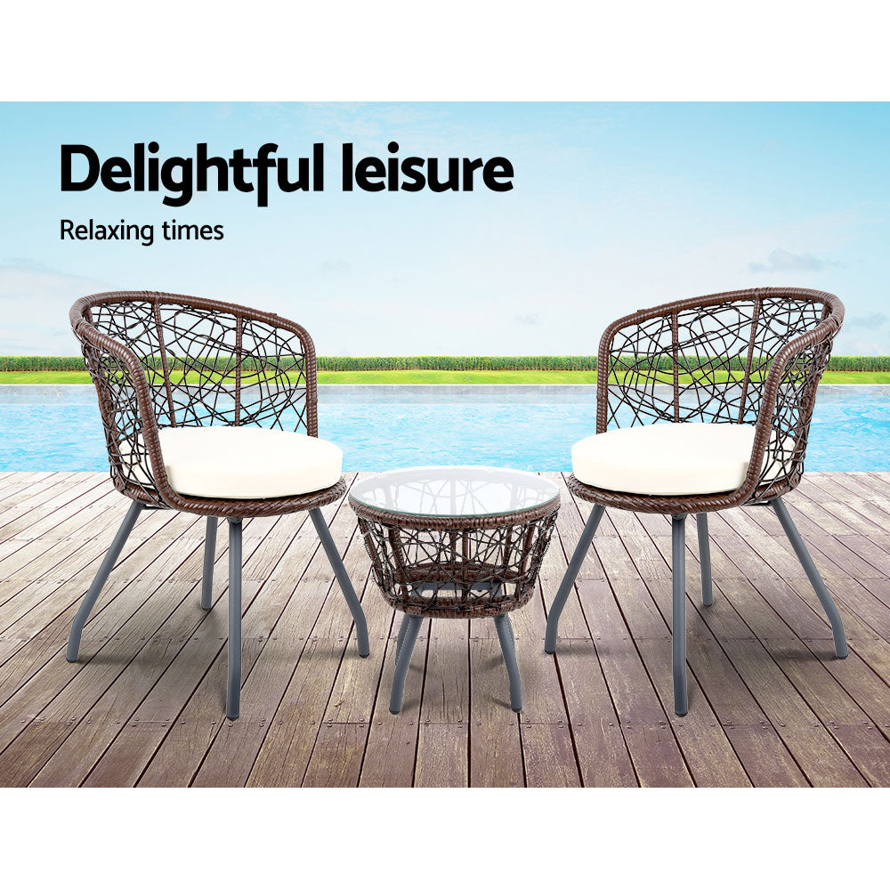 Gardeon 3PC Bistro Set Outdoor Furniture Rattan Table Chairs Patio Garden Cushion Brown ODF-BISTRO-ROUND-BR