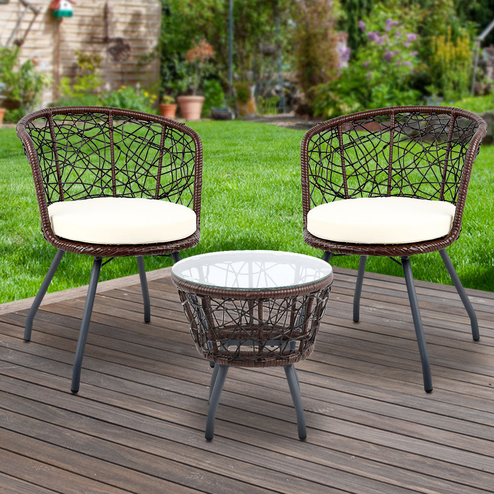Gardeon 3PC Bistro Set Outdoor Furniture Rattan Table Chairs Patio Garden Cushion Brown ODF-BISTRO-ROUND-BR