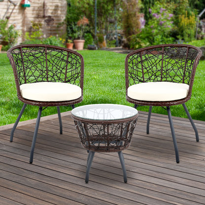 Gardeon 3PC Bistro Set Outdoor Furniture Rattan Table Chairs Patio Garden Cushion Brown ODF-BISTRO-ROUND-BR
