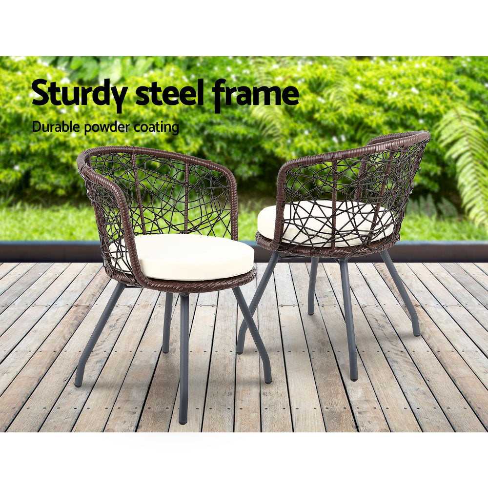 Gardeon 3PC Bistro Set Outdoor Furniture Rattan Table Chairs Patio Garden Cushion Brown ODF-BISTRO-ROUND-BR