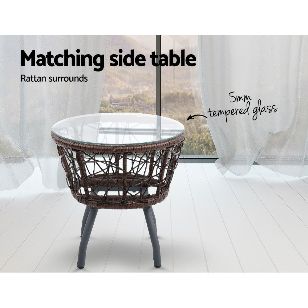 Gardeon 3PC Bistro Set Outdoor Furniture Rattan Table Chairs Patio Garden Cushion Brown ODF-BISTRO-ROUND-BR