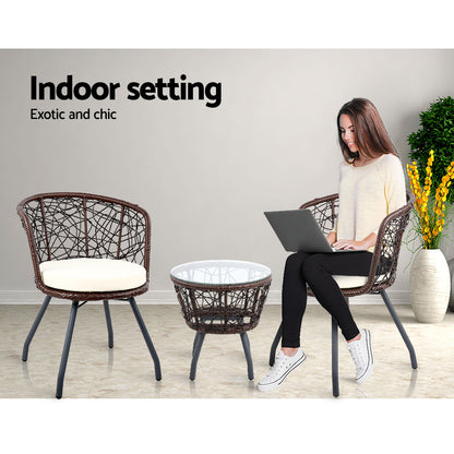 Gardeon 3PC Bistro Set Outdoor Furniture Rattan Table Chairs Patio Garden Cushion Brown ODF-BISTRO-ROUND-BR
