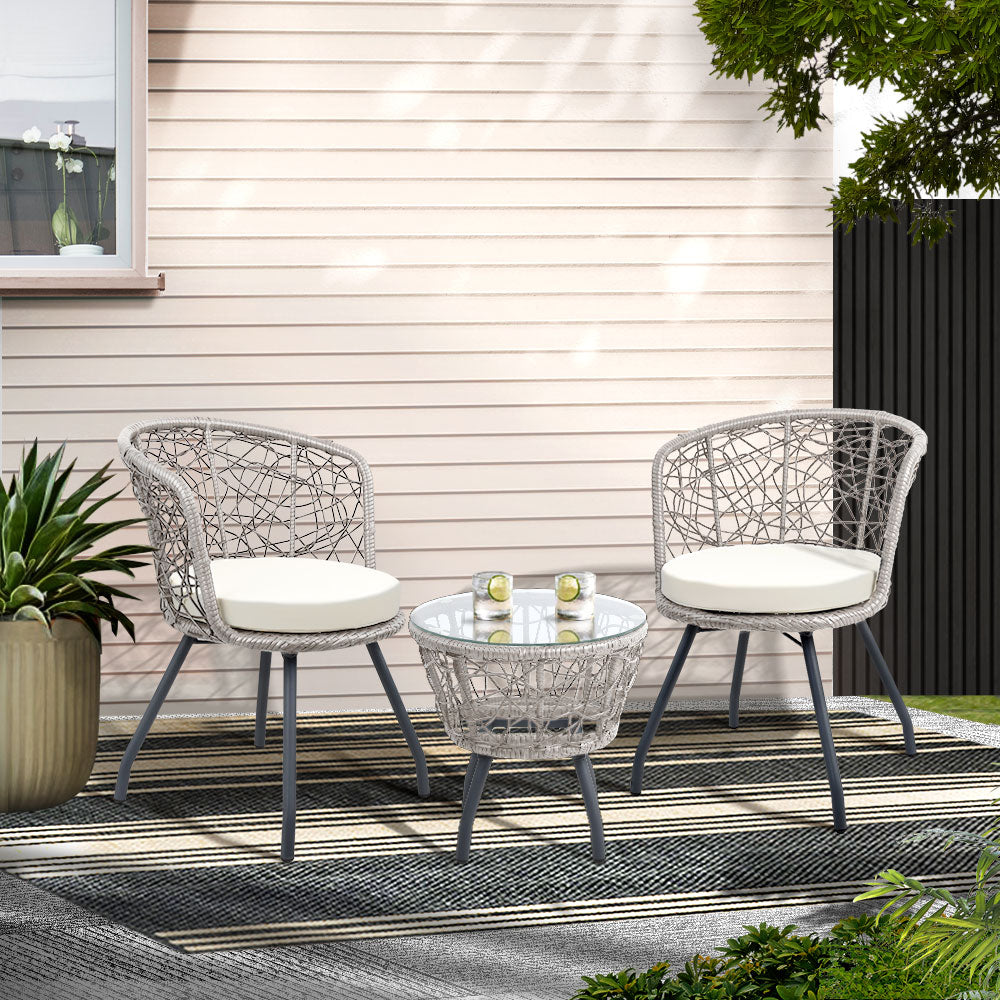 Gardeon 3PC Bistro Set Outdoor Furniture Rattan Table Chairs Patio Garden Cushion Grey ODF-BISTRO-ROUND-GE