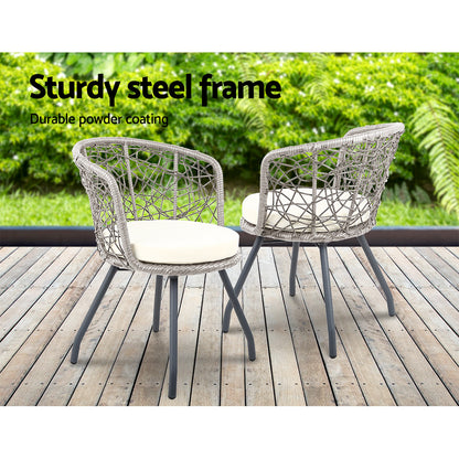 Gardeon 3PC Bistro Set Outdoor Furniture Rattan Table Chairs Patio Garden Cushion Grey ODF-BISTRO-ROUND-GE