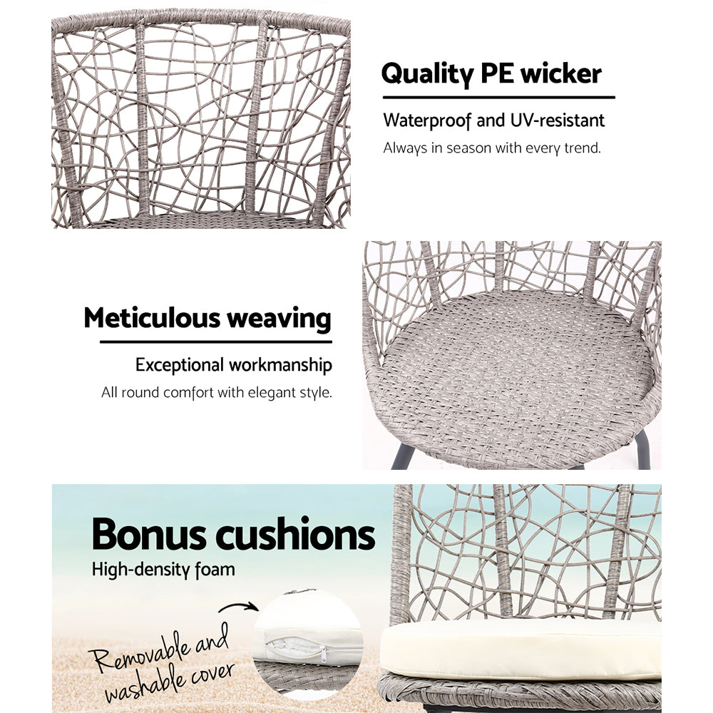 Gardeon 3PC Bistro Set Outdoor Furniture Rattan Table Chairs Patio Garden Cushion Grey ODF-BISTRO-ROUND-GE
