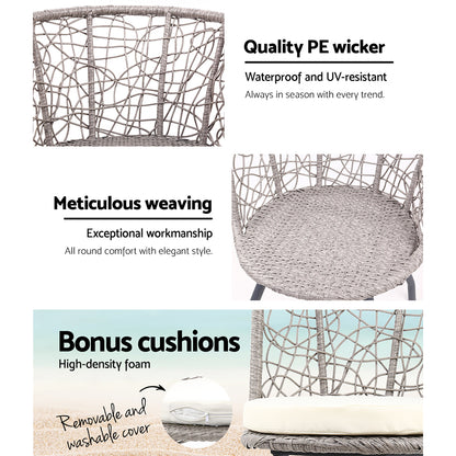 Gardeon 3PC Bistro Set Outdoor Furniture Rattan Table Chairs Patio Garden Cushion Grey ODF-BISTRO-ROUND-GE