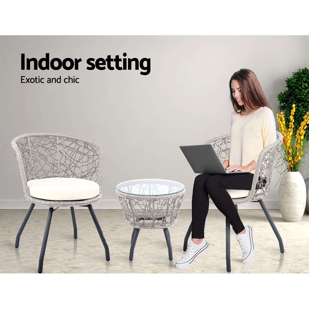 Gardeon 3PC Bistro Set Outdoor Furniture Rattan Table Chairs Patio Garden Cushion Grey ODF-BISTRO-ROUND-GE