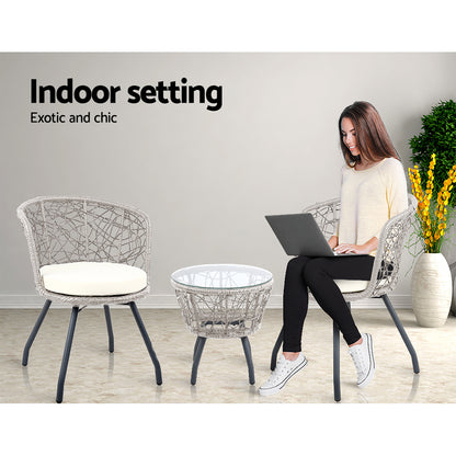 Gardeon 3PC Bistro Set Outdoor Furniture Rattan Table Chairs Patio Garden Cushion Grey ODF-BISTRO-ROUND-GE