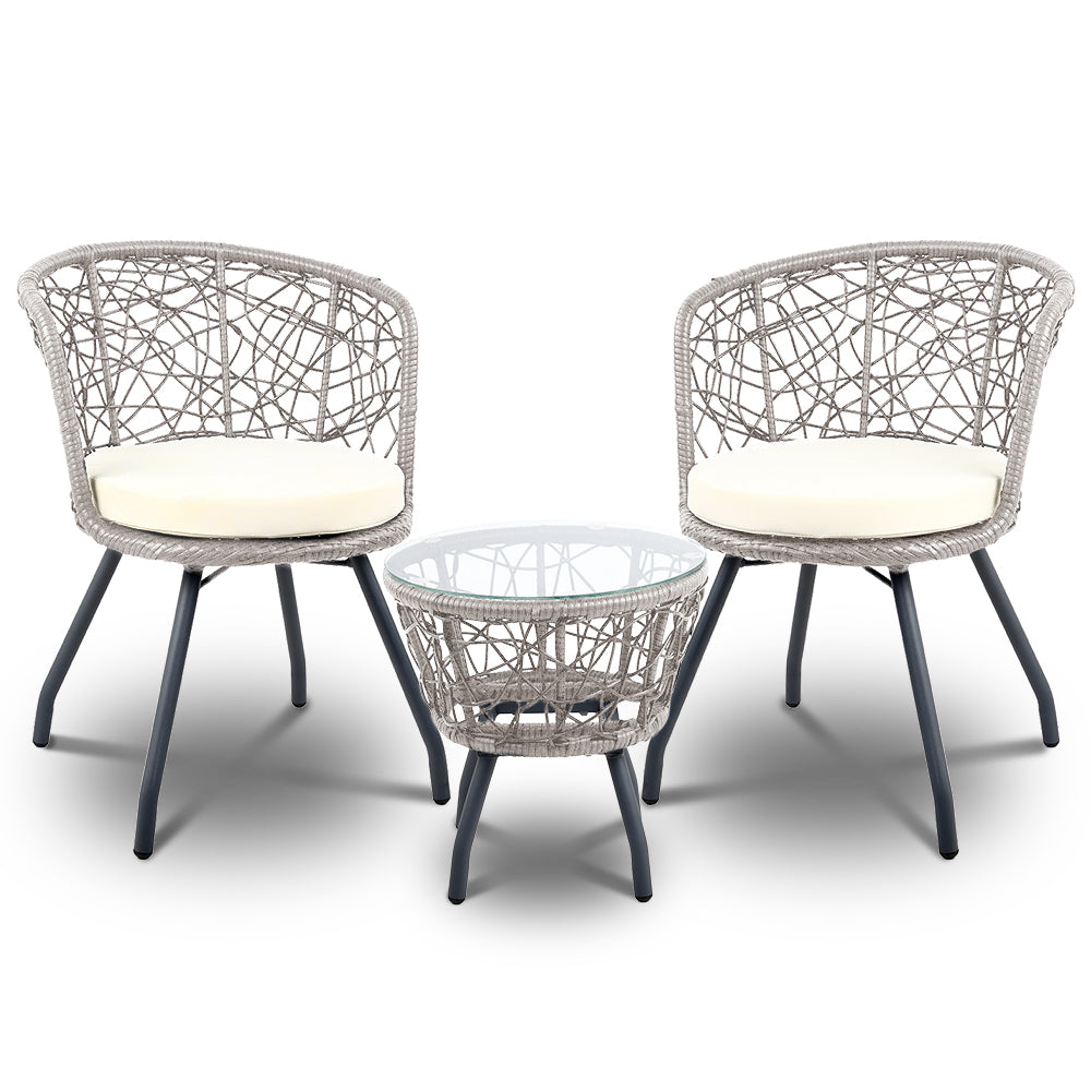 Gardeon 3PC Bistro Set Outdoor Furniture Rattan Table Chairs Patio Garden Cushion Grey ODF-BISTRO-ROUND-GE