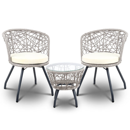 Gardeon 3PC Bistro Set Outdoor Furniture Rattan Table Chairs Patio Garden Cushion Grey ODF-BISTRO-ROUND-GE
