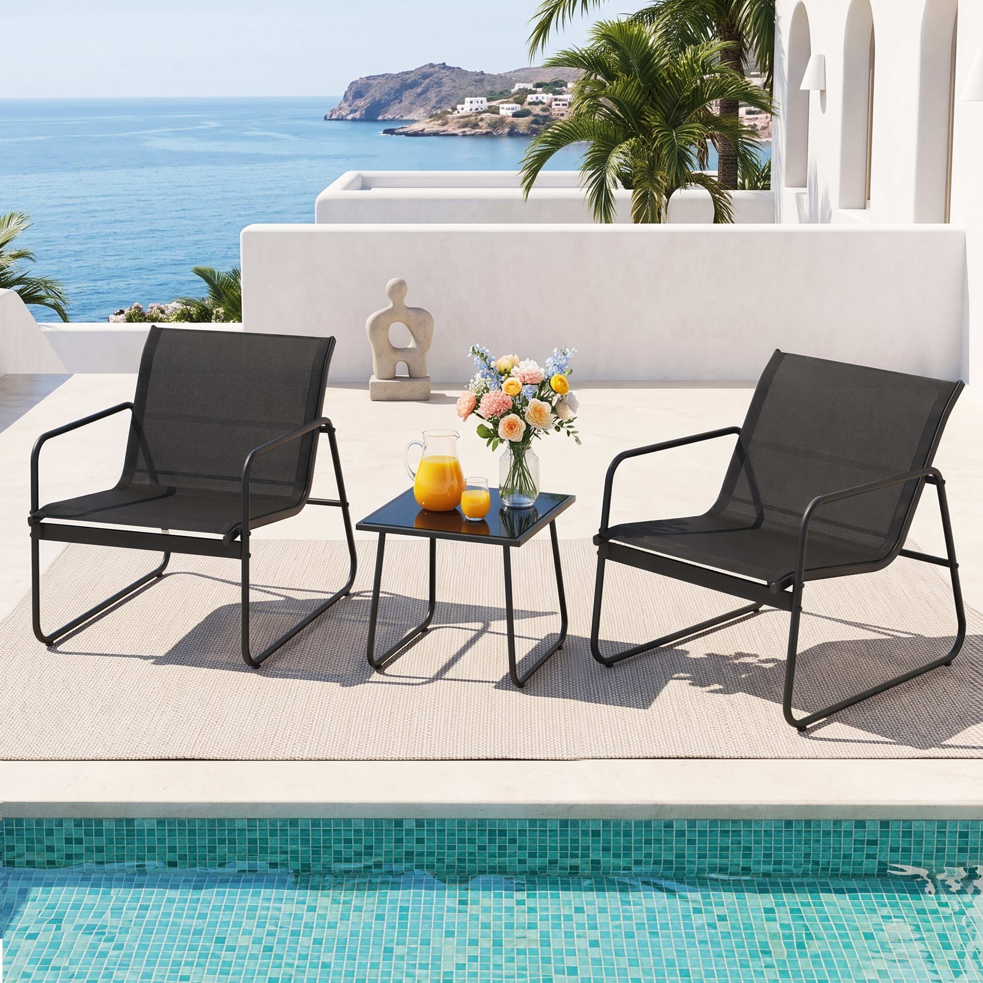 Gardeon Outdoor Bistro Set 3 Piece Patio Furniture Textilene Chairs Glass Table