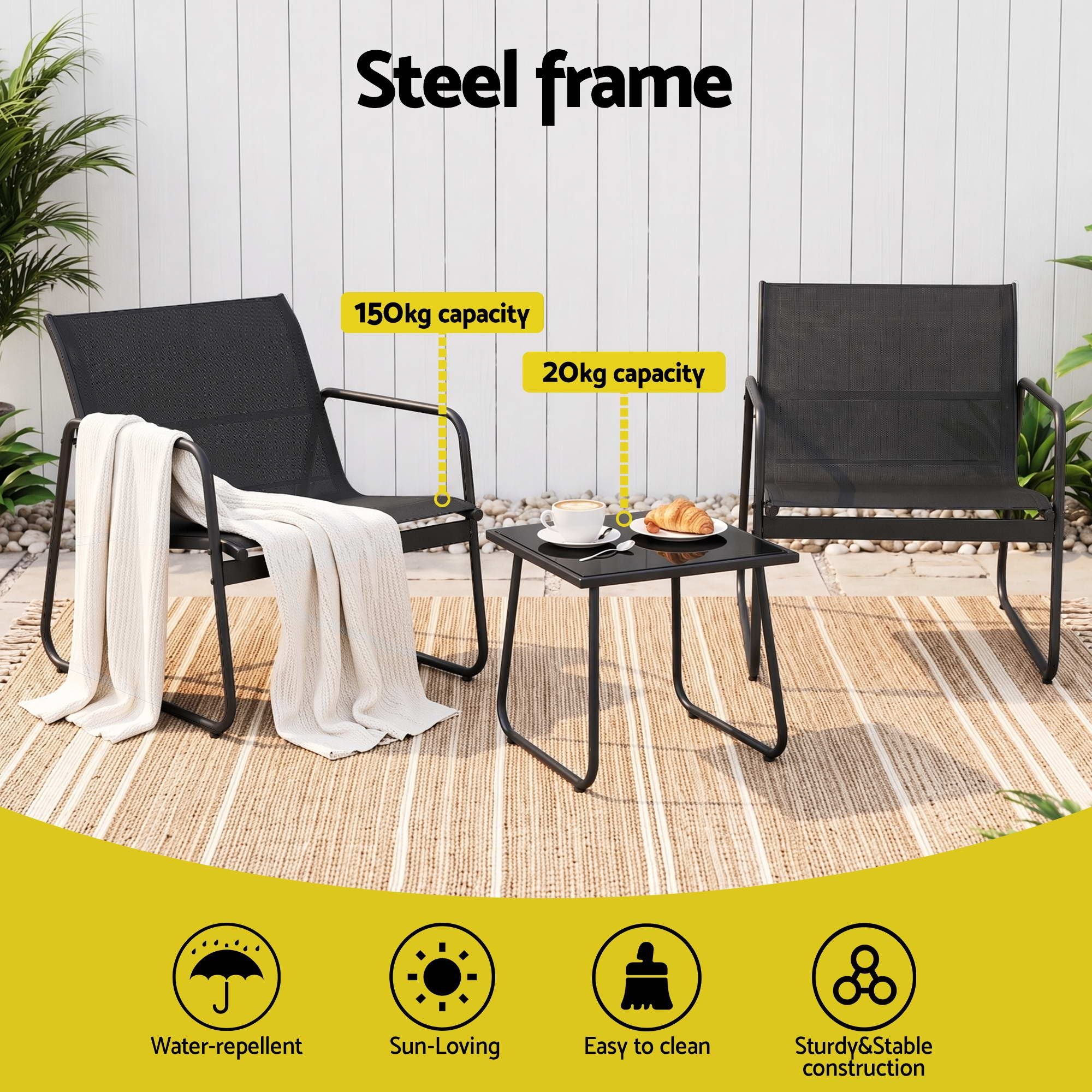 Gardeon Outdoor Bistro Set 3 Piece Patio Furniture Textilene Chairs Glass Table