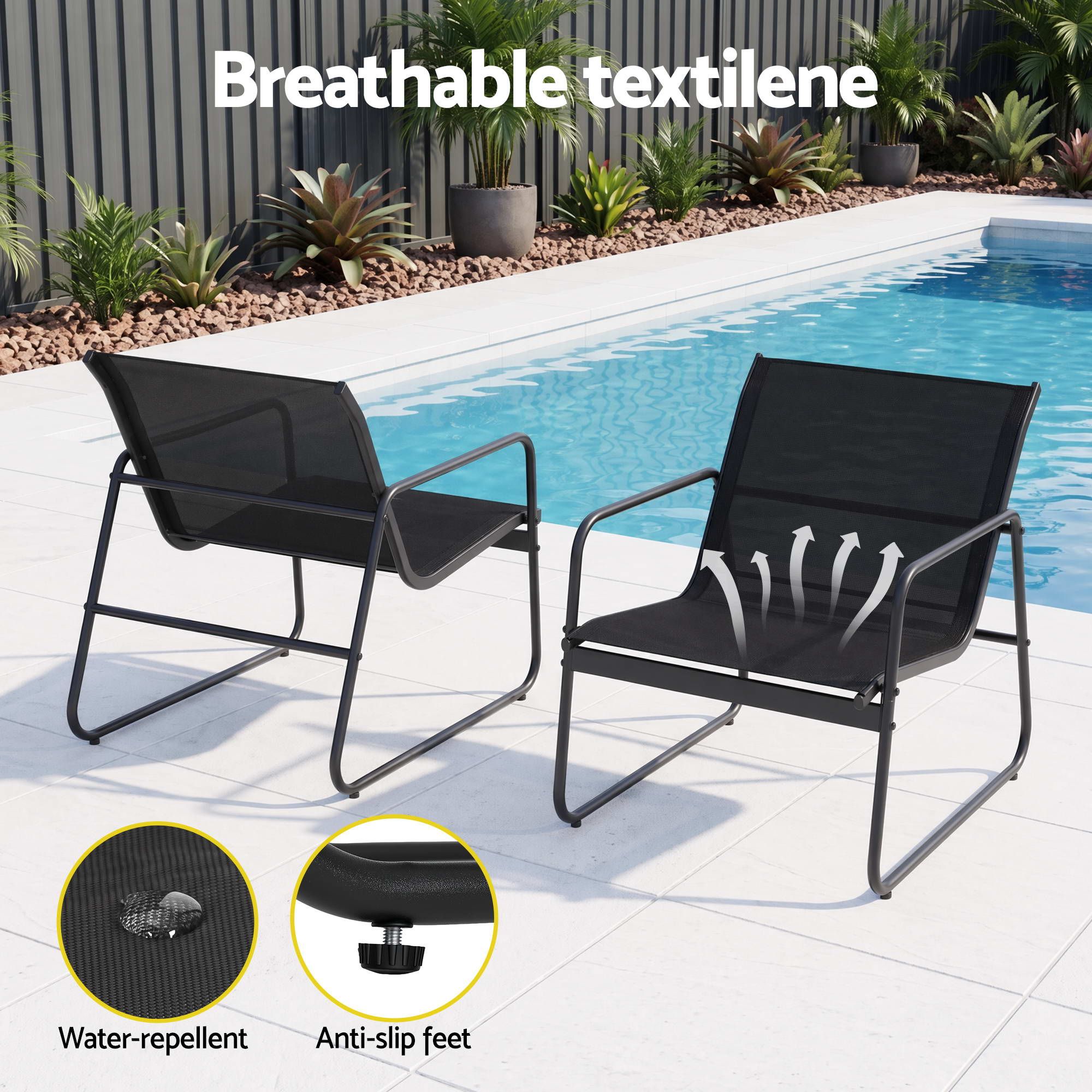 Gardeon Outdoor Bistro Set 3 Piece Patio Furniture Textilene Chairs Glass Table