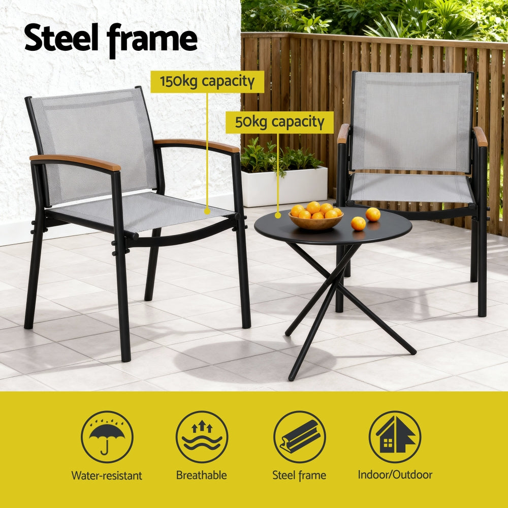 Gardeon 3PC Outdoor Bistro Set Table and Chairs Steel Dining Chair Patio Furniture Textilene ODF-BISTRO-TEX-GE