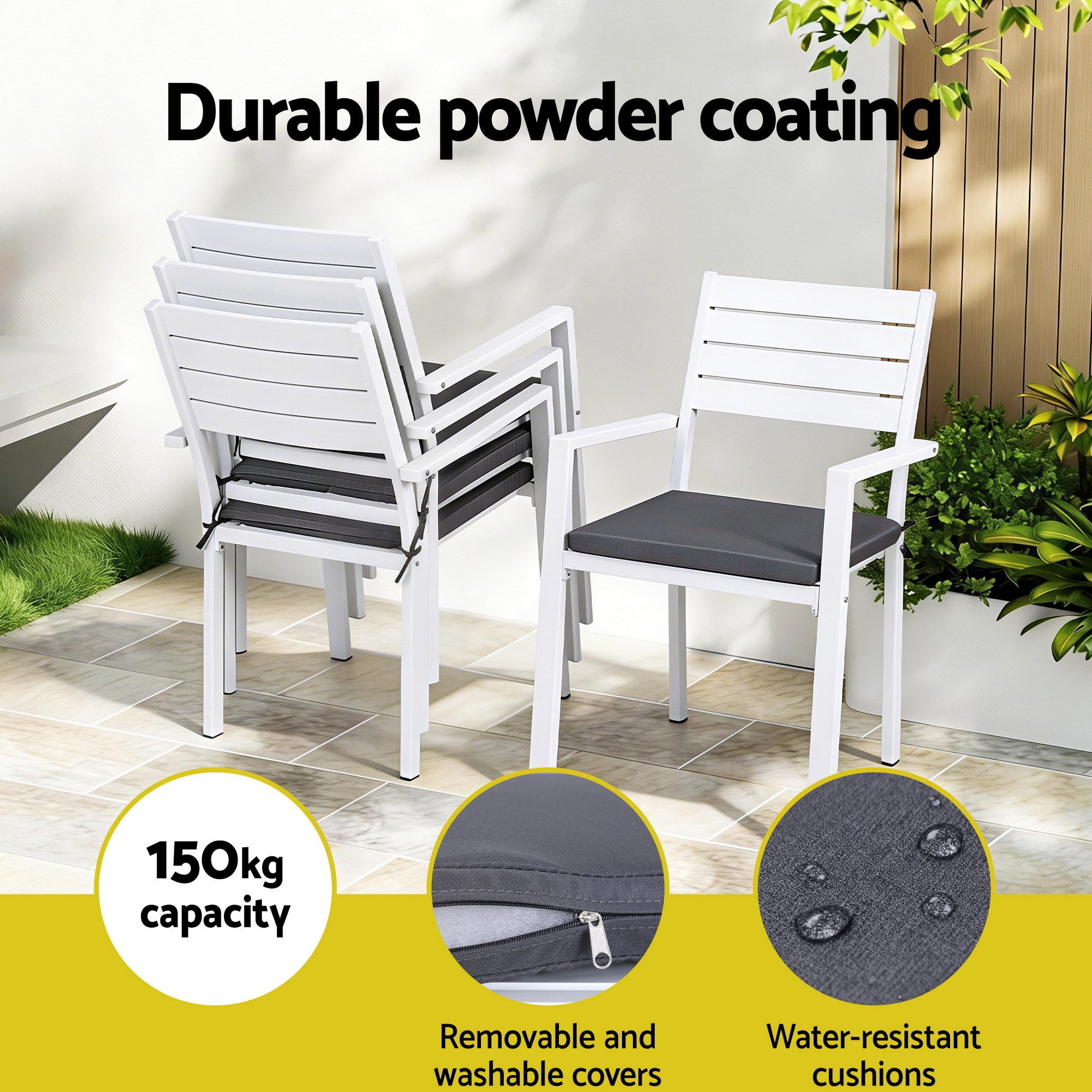 Gardeon 4PC Outdoor Dining Chairs Stackable Aluminum Lounge Chair Patio Furniture ODF-CHAIR-ALU-WH-4X