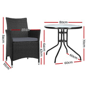 Gardeon 3PC Bistro Set Outdoor Furniture Rattan Table Chairs Cushion Patio Garden Idris ODF-CHAIRSET-630