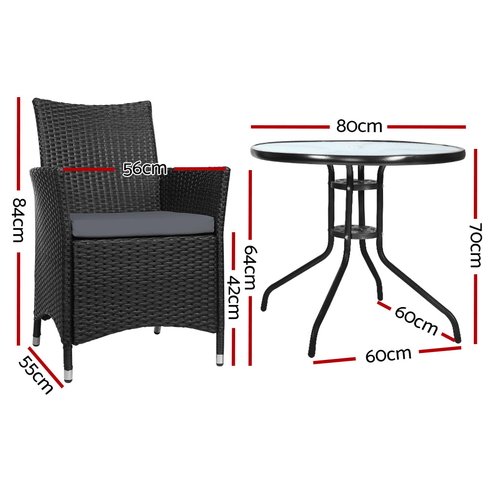 Gardeon 3PC Bistro Set Outdoor Furniture Rattan Table Chairs Cushion Patio Garden Idris ODF-CHAIRSET-630