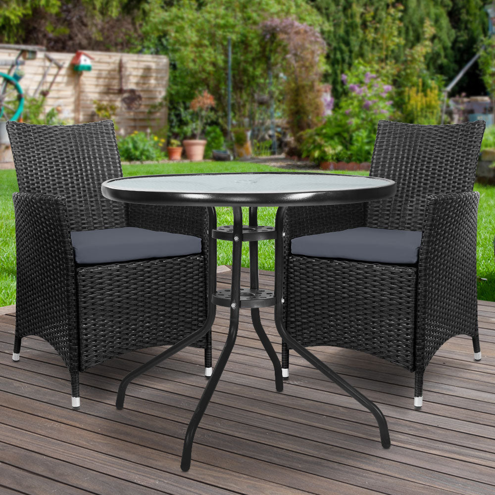 Gardeon 3PC Bistro Set Outdoor Furniture Rattan Table Chairs Cushion Patio Garden Idris ODF-CHAIRSET-630