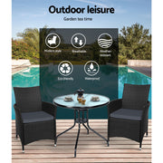 Gardeon 3PC Bistro Set Outdoor Furniture Rattan Table Chairs Cushion Patio Garden Idris ODF-CHAIRSET-630