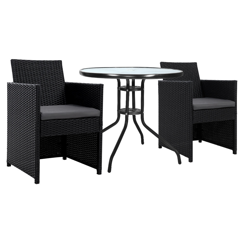 Gardeon 3PC Bistro Set Outdoor Furniture Rattan Table Chairs Cushion Patio Garden Hugo ODF-CHAIRSET-DINING