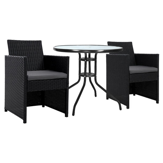 Gardeon 3PC Bistro Set Outdoor Furniture Rattan Table Chairs Cushion Patio Garden Hugo ODF-CHAIRSET-DINING
