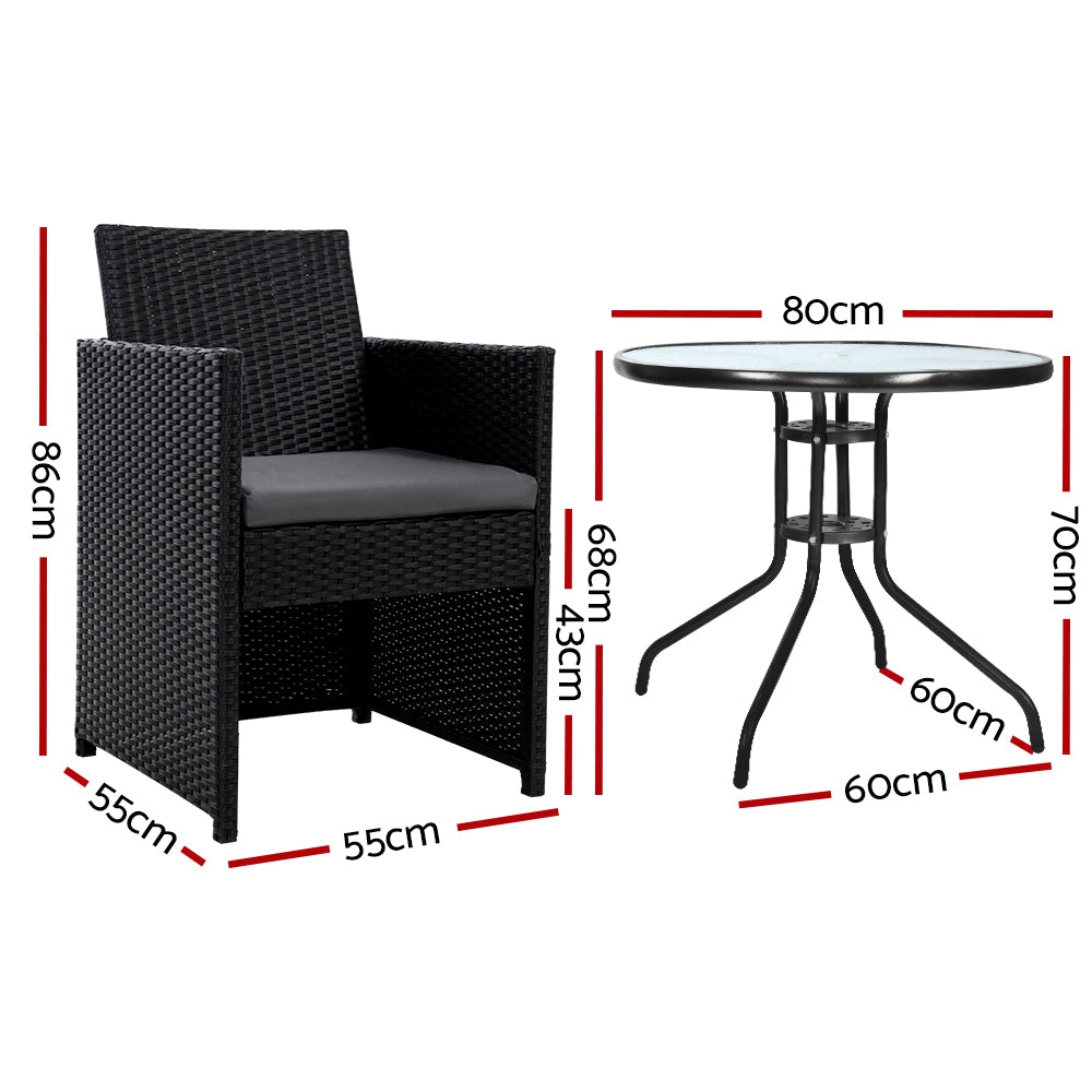 Gardeon 3PC Bistro Set Outdoor Furniture Rattan Table Chairs Cushion Patio Garden Hugo ODF-CHAIRSET-DINING