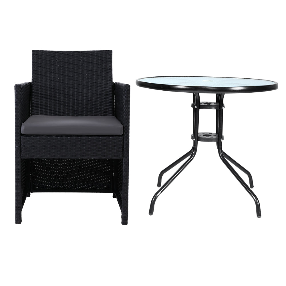 Gardeon 3PC Bistro Set Outdoor Furniture Rattan Table Chairs Cushion Patio Garden Hugo ODF-CHAIRSET-DINING