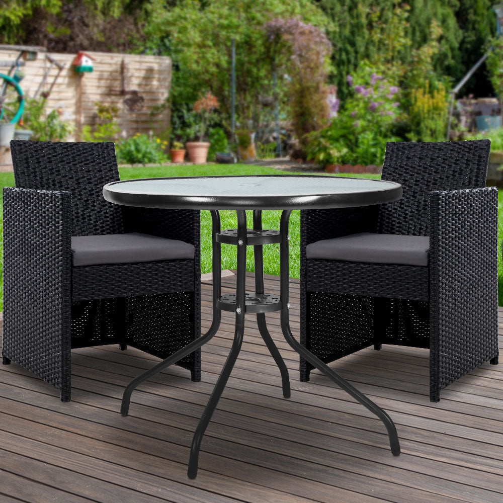 Gardeon 3PC Bistro Set Outdoor Furniture Rattan Table Chairs Cushion Patio Garden Hugo ODF-CHAIRSET-DINING