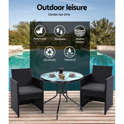 Gardeon 3PC Bistro Set Outdoor Furniture Rattan Table Chairs Cushion Patio Garden Hugo ODF-CHAIRSET-DINING