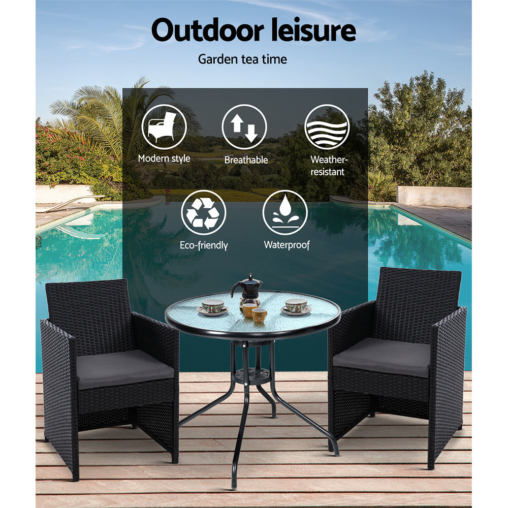 Gardeon 3PC Bistro Set Outdoor Furniture Rattan Table Chairs Cushion Patio Garden Hugo ODF-CHAIRSET-DINING