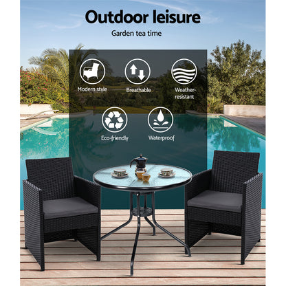 Gardeon 3PC Bistro Set Outdoor Furniture Rattan Table Chairs Cushion Patio Garden Hugo ODF-CHAIRSET-DINING