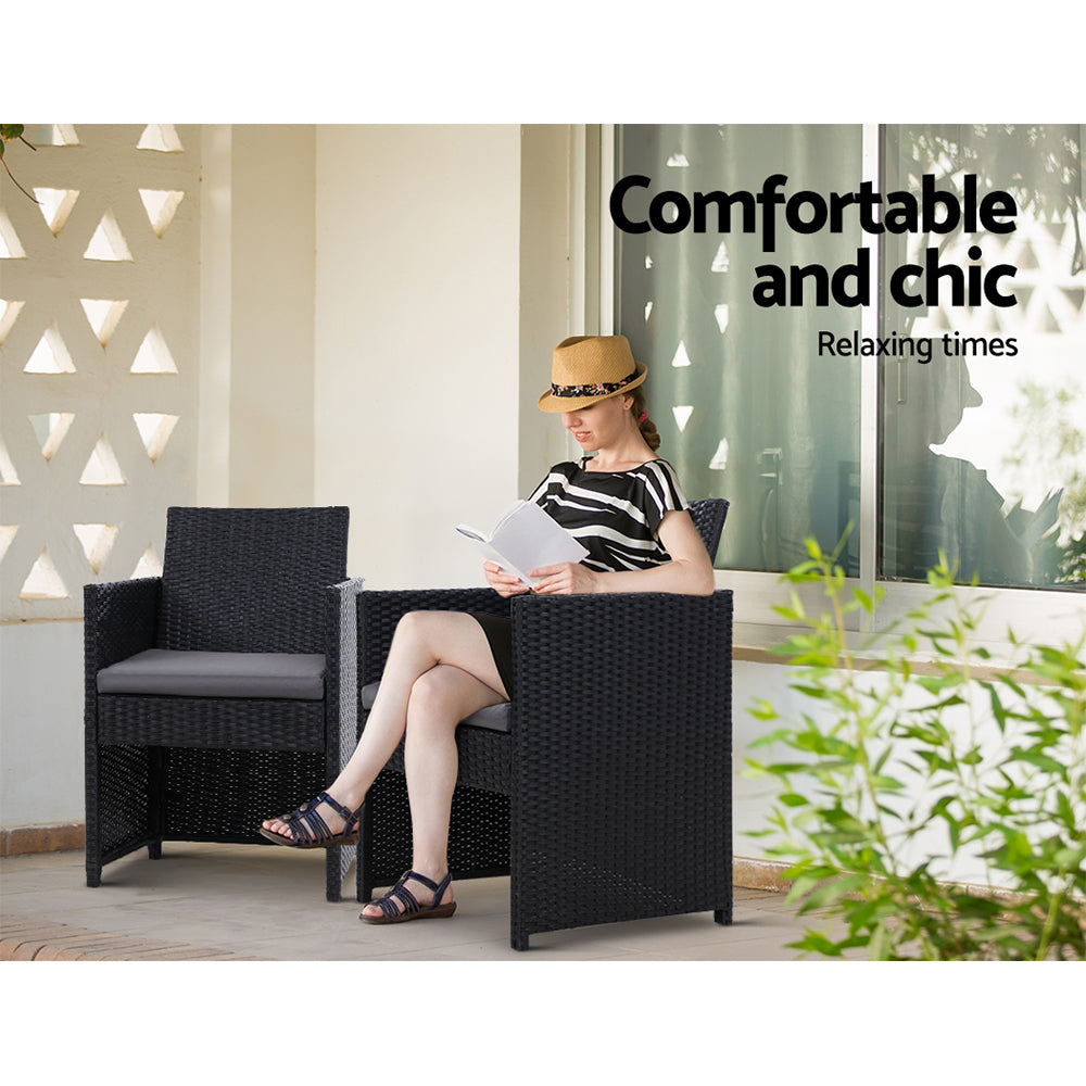 Gardeon 3PC Bistro Set Outdoor Furniture Rattan Table Chairs Cushion Patio Garden Hugo ODF-CHAIRSET-DINING