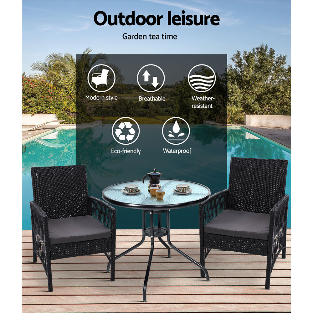 Gardeon 3PC Bistro Set Outdoor Furniture Rattan Table Chairs Cushion Patio Garden Lyra ODF-CHAIRSET-HARP
