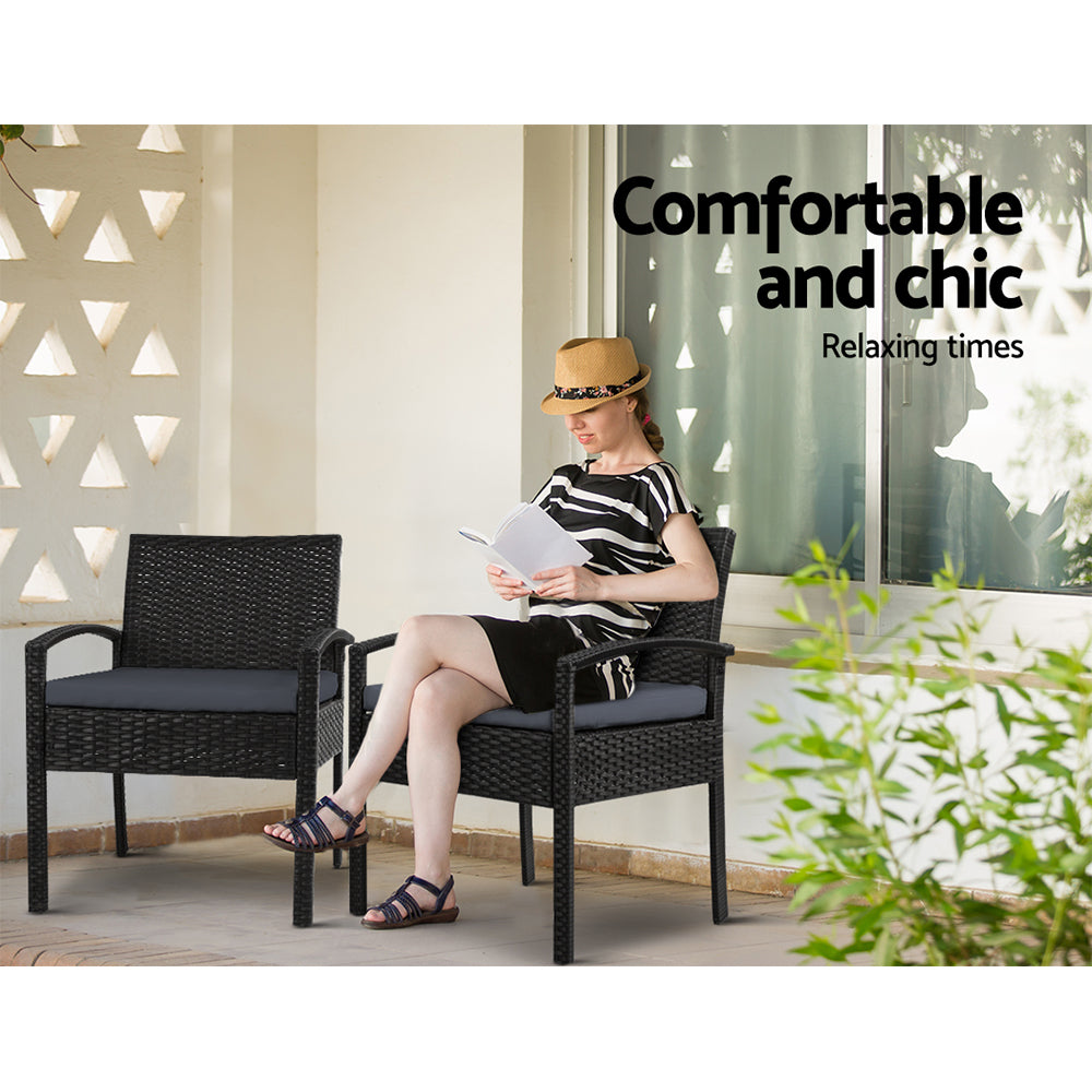 Gardeon 3PC Bistro Set Outdoor Furniture Rattan Table Chairs Cushion Patio Garden Felix ODF-CHAIRSET-TEA