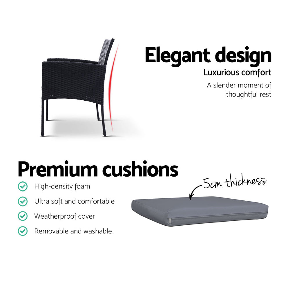 Gardeon 3PC Bistro Set Outdoor Furniture Rattan Table Chairs Cushion Patio Garden Ezra ODF-CHAIRSET-TEA-XL