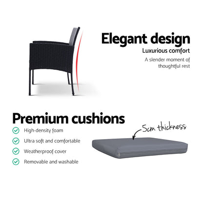Gardeon 3PC Bistro Set Outdoor Furniture Rattan Table Chairs Cushion Patio Garden Ezra ODF-CHAIRSET-TEA-XL
