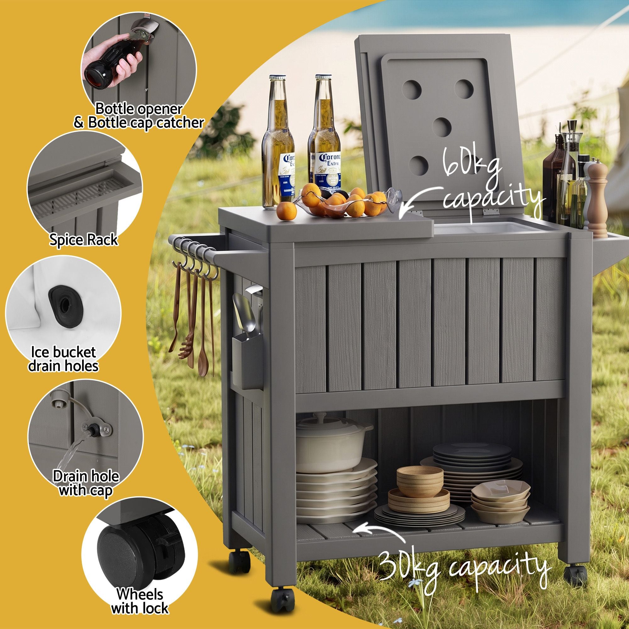 Gardeon Outdoor Storage Cabinet Box 80L Ice Bucket Cooler Rolling Serving Cart Kitchen Trolley Brown