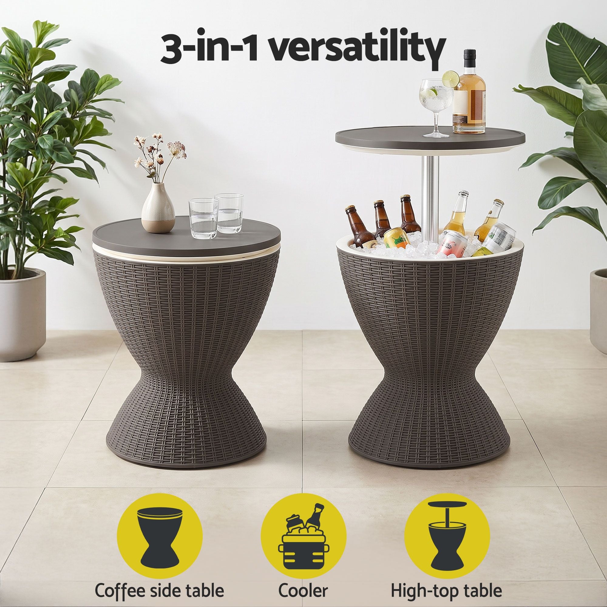 Gardeon Outdoor Bar Table Portable Ice Bucket Cooler 30L Adjustable Top Brown