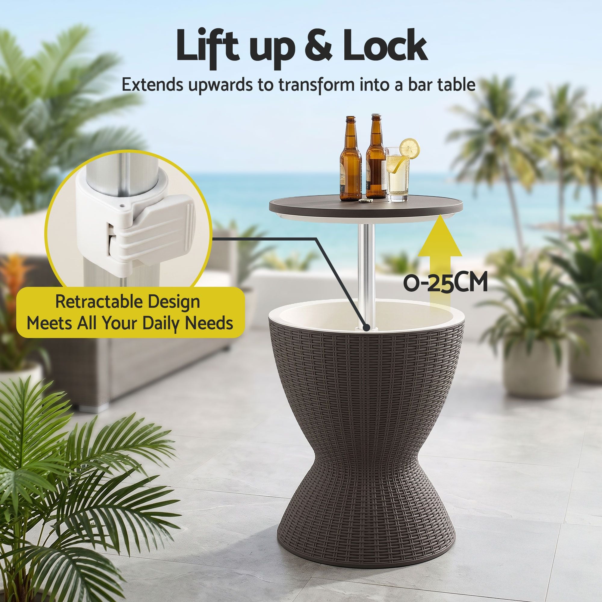 Gardeon Outdoor Bar Table Portable Ice Bucket Cooler 30L Adjustable Top Brown