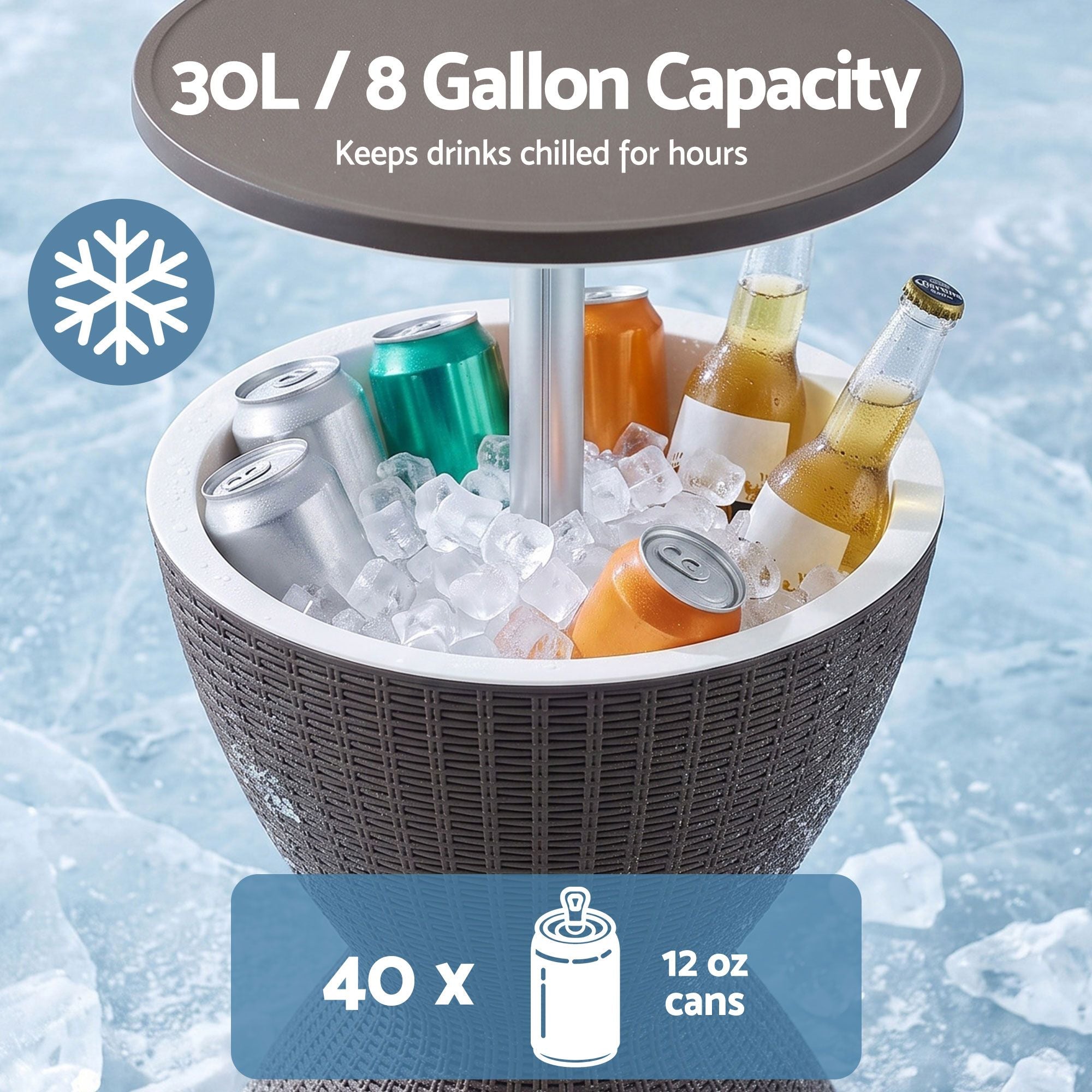 Gardeon Outdoor Bar Table Portable Ice Bucket Cooler 30L Adjustable Top Brown