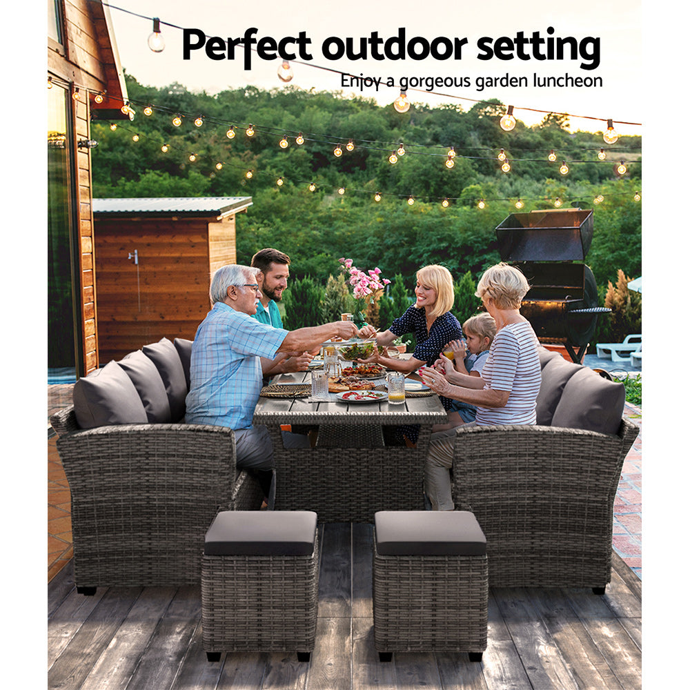 Gardeon Outdoor Dining Set Wicker Table Chairs Setting 8 Seater ODF-DINING-9S-GR-ABC