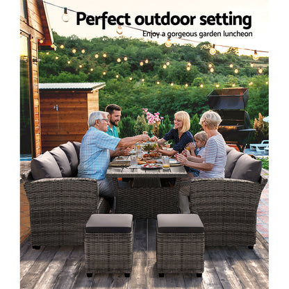 Gardeon Outdoor Dining Set Wicker Table Chairs Setting 8 Seater ODF-DINING-9S-GR-ABC
