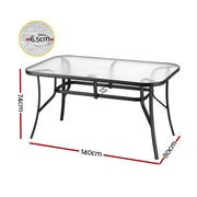 Gardeon 140CM Outdoor Dining Table Steel Frame Tempered Glass Parasol Hole Black ODF-DINTB-140