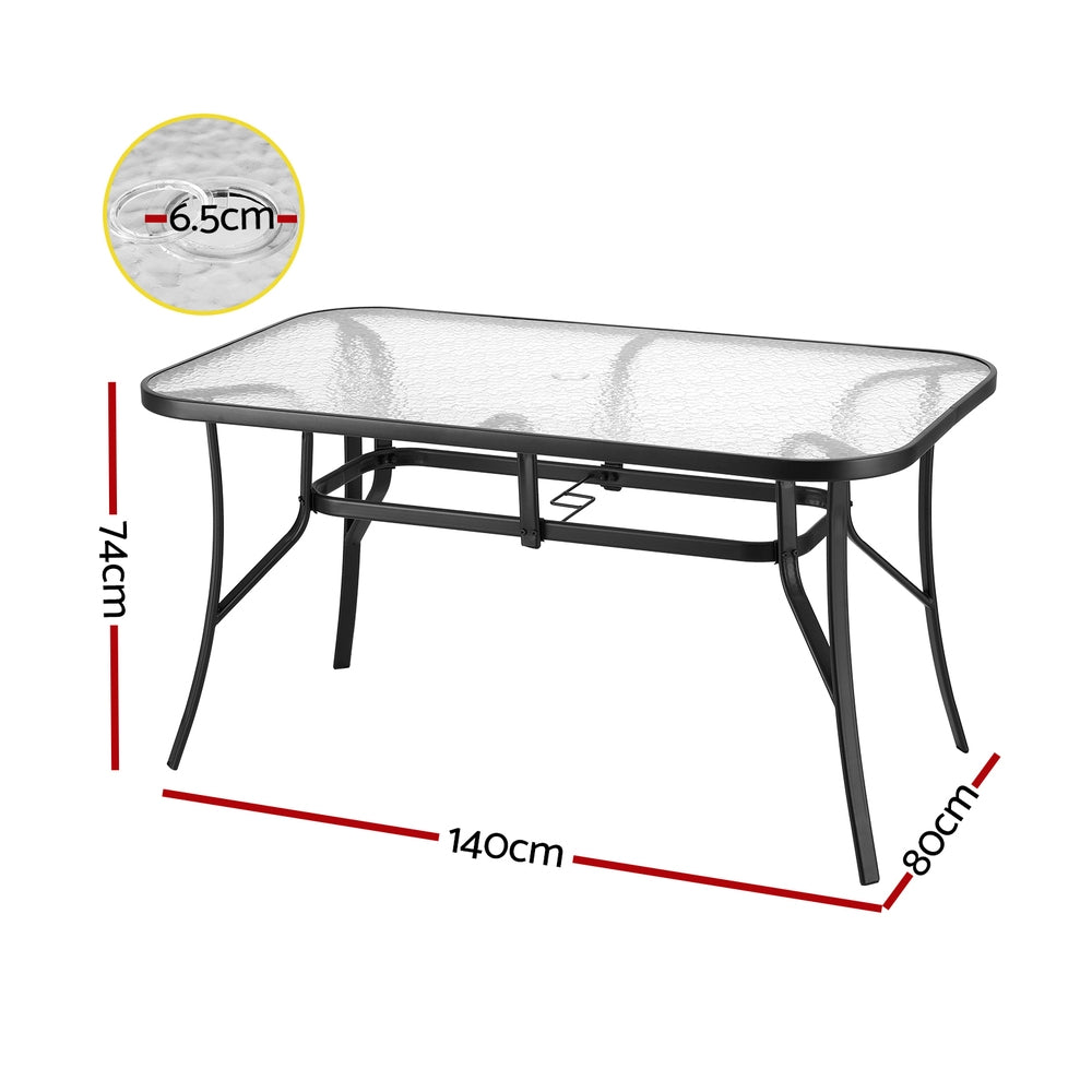 Gardeon 140CM Outdoor Dining Table Steel Frame Tempered Glass Parasol Hole Black ODF-DINTB-140