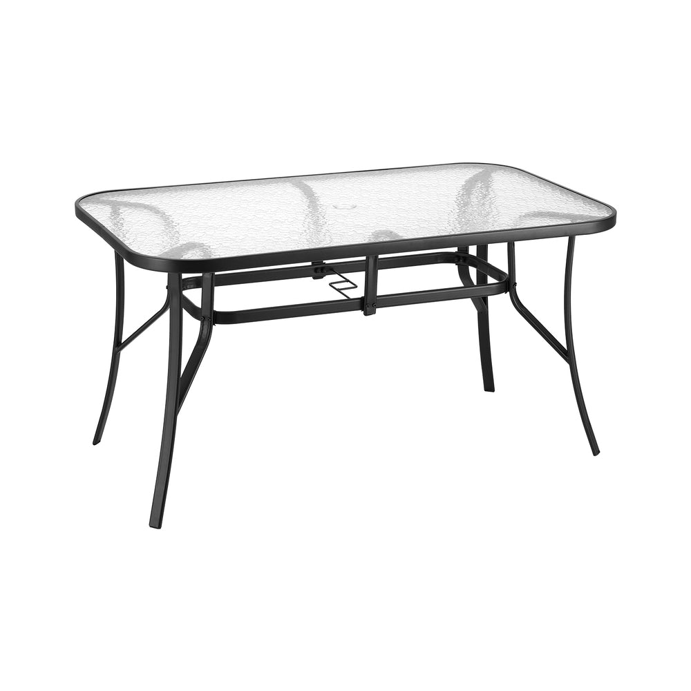 Gardeon 140CM Outdoor Dining Table Steel Frame Tempered Glass Parasol Hole Black ODF-DINTB-140