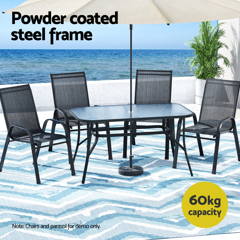 Gardeon 140CM Outdoor Dining Table Steel Frame Tempered Glass Parasol Hole Black ODF-DINTB-140