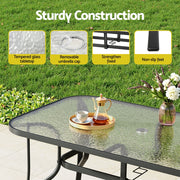 Gardeon 140CM Outdoor Dining Table Steel Frame Tempered Glass Parasol Hole Black ODF-DINTB-140